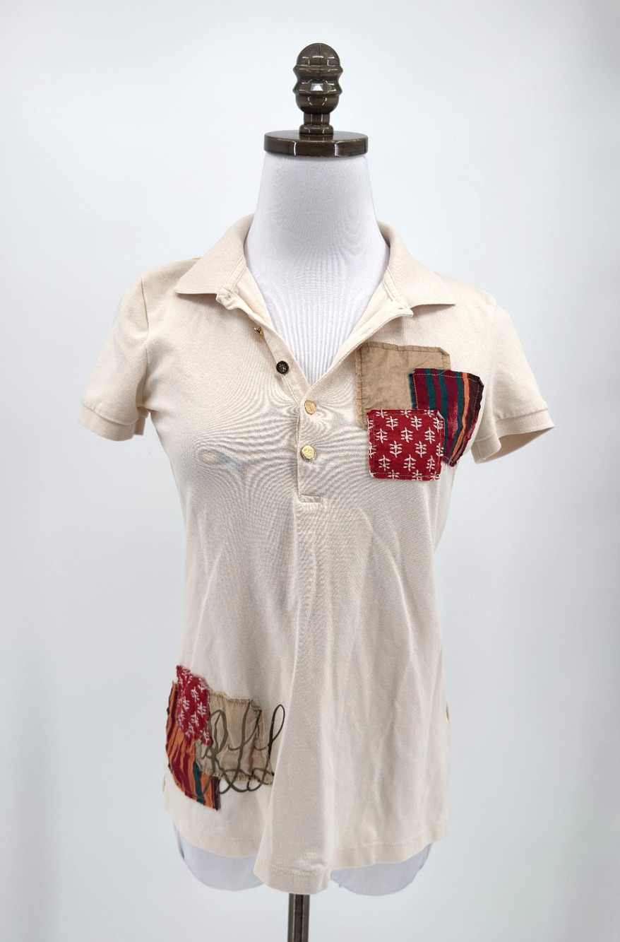 Lauren Ralph Lauren Womens Cream Patchwork Piqué Short Sleeve Polo Top Sz S